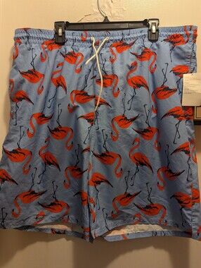 Old Navy Men's XL Light Blue 8 Inch Swim Trunks with Orange Flamingo Print NWT